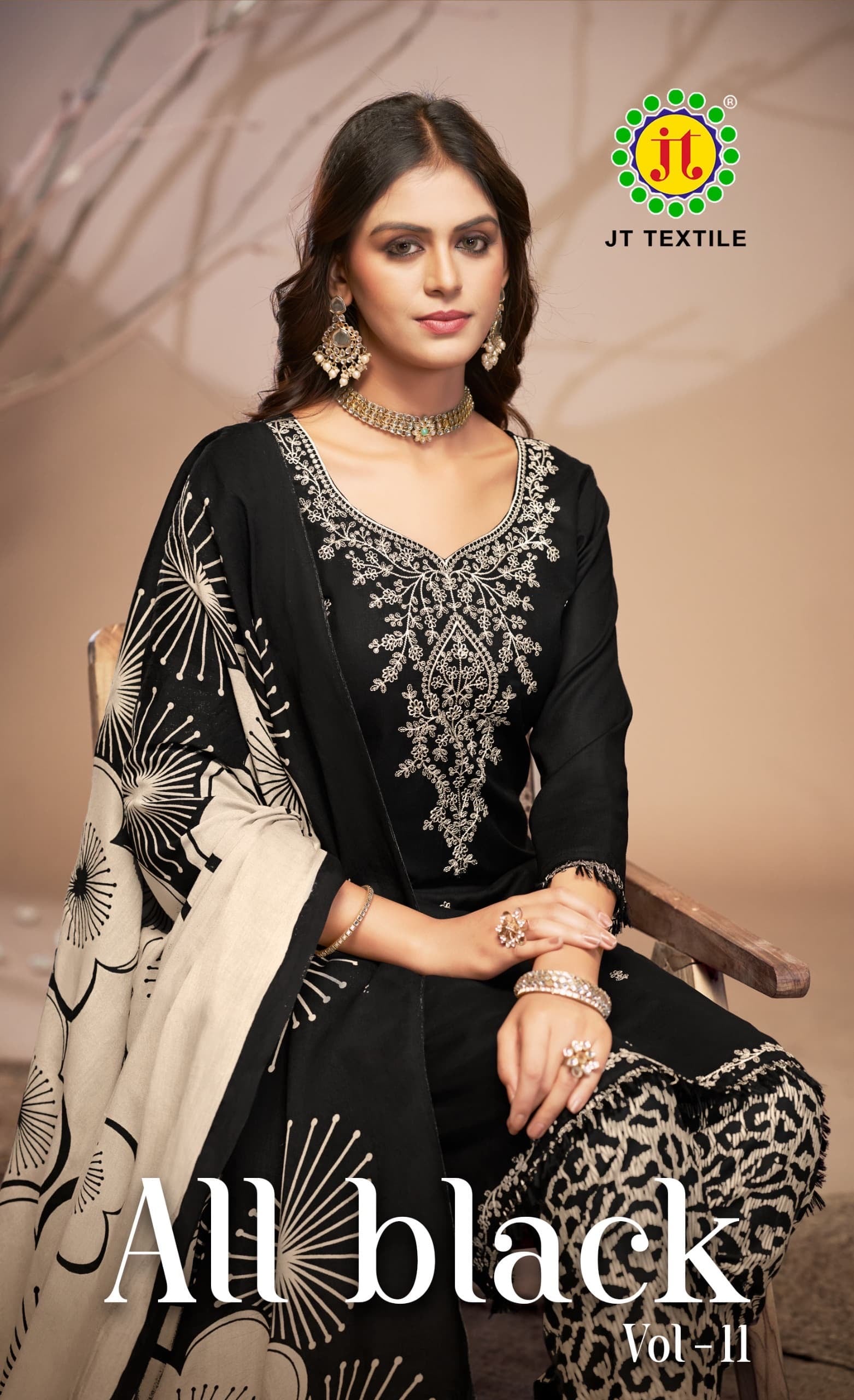 Jt textile all black vol 11 rayon embroidery work dress material supplier in jetpur - jilaniwholesalesuit