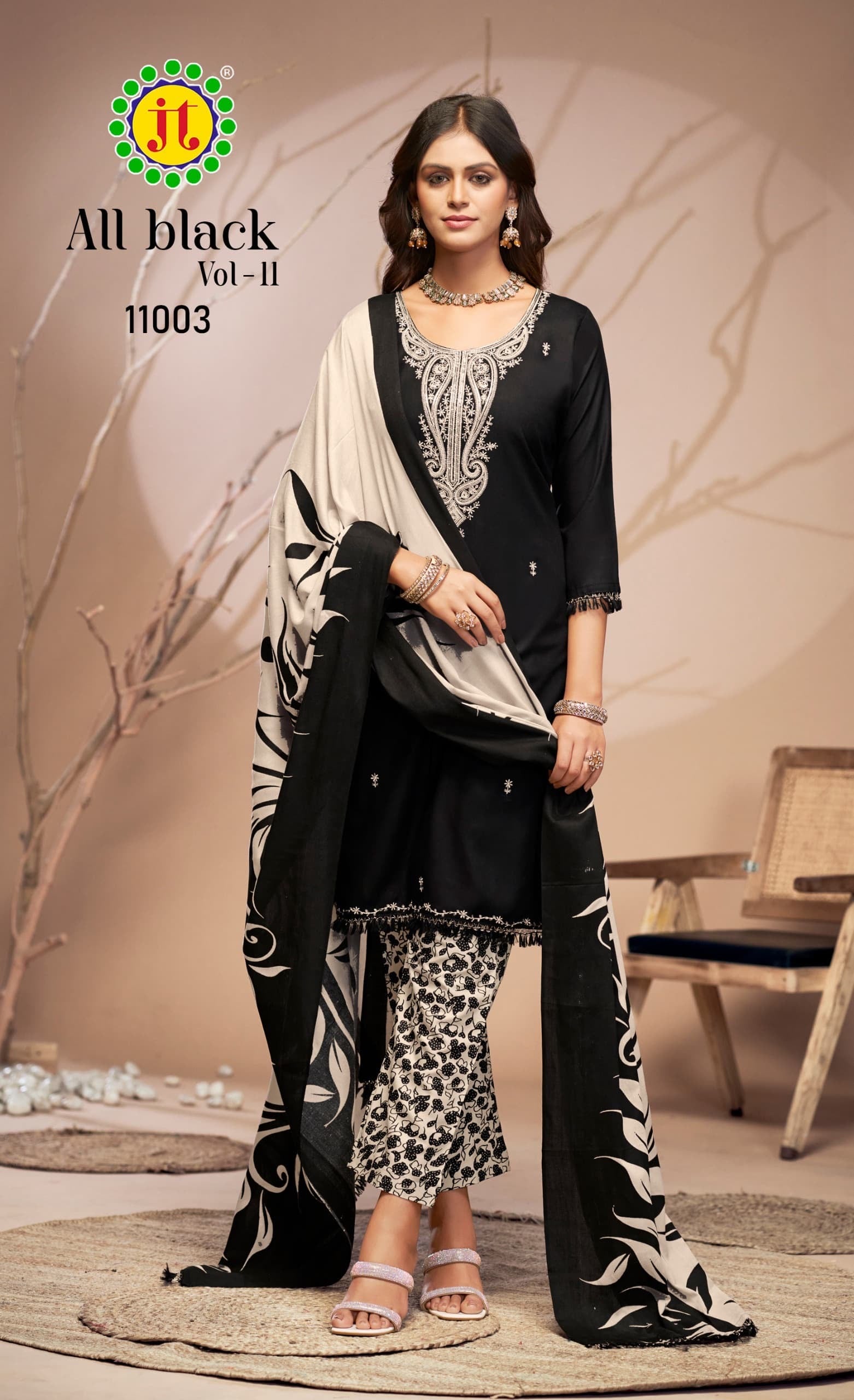 Jt textile all black vol 11 rayon embroidery work dress material supplier in jetpur - jilaniwholesalesuit