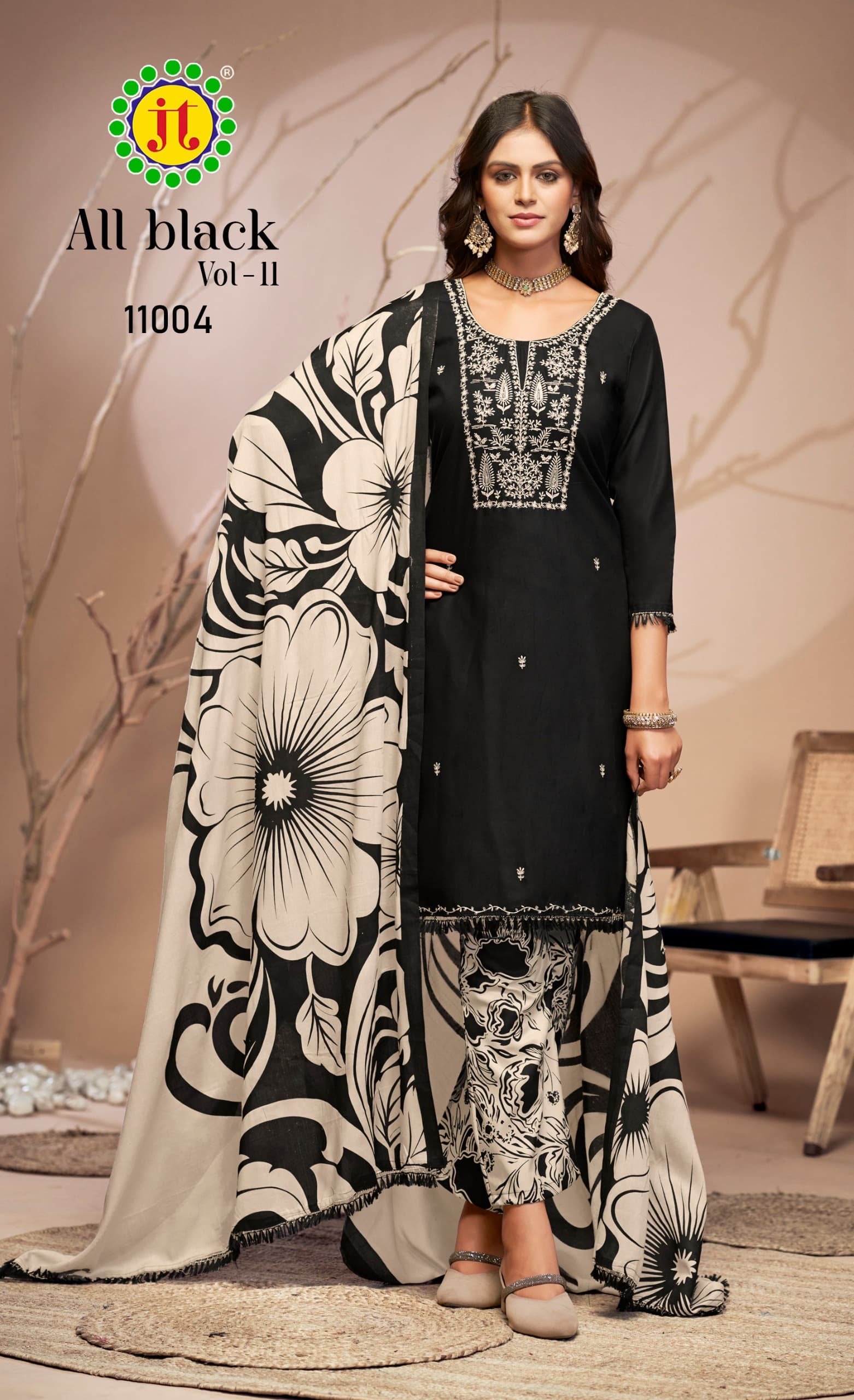 Jt textile all black vol 11 rayon embroidery work dress material supplier in jetpur - jilaniwholesalesuit