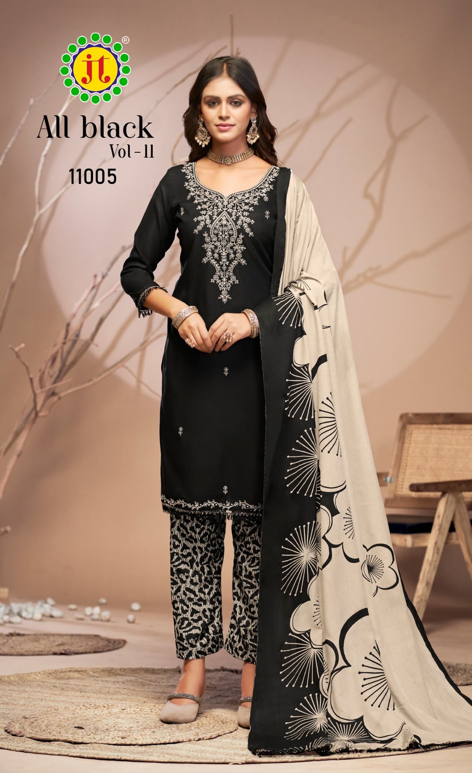 Jt textile all black vol 11 rayon embroidery work dress material supplier in jetpur - jilaniwholesalesuit