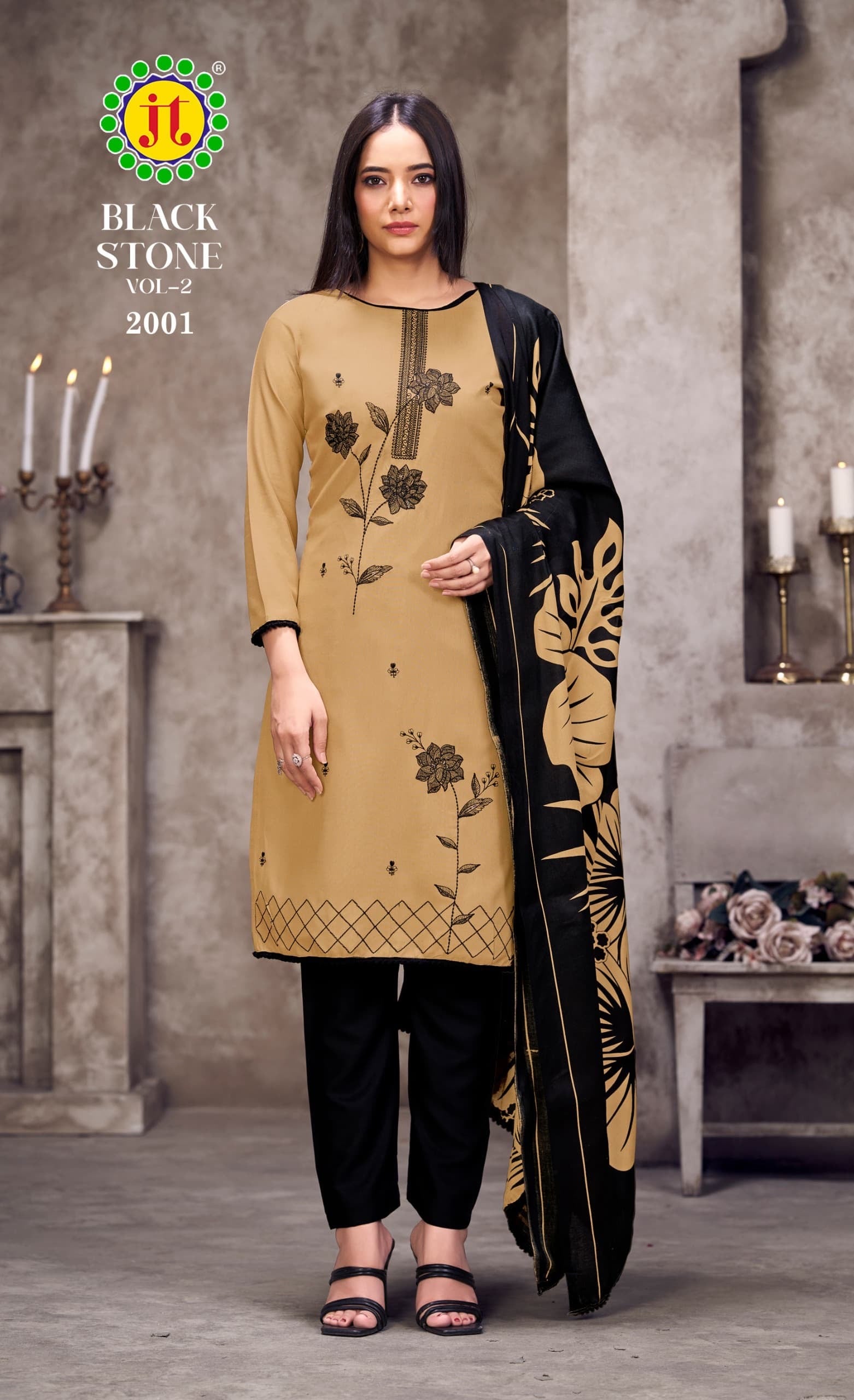 JT textile black stone vol 2 rayon embroidery work salwar suits supplier - jilaniwholesalesuit
