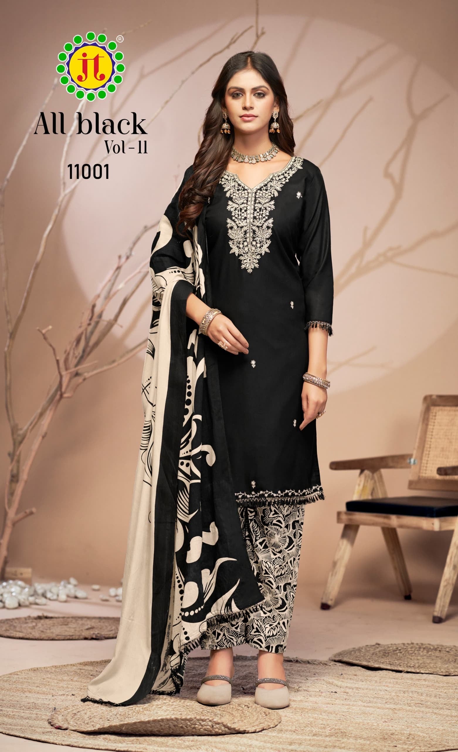 Jt textile all black vol 11 rayon embroidery work dress material supplier in jetpur - jilaniwholesalesuit