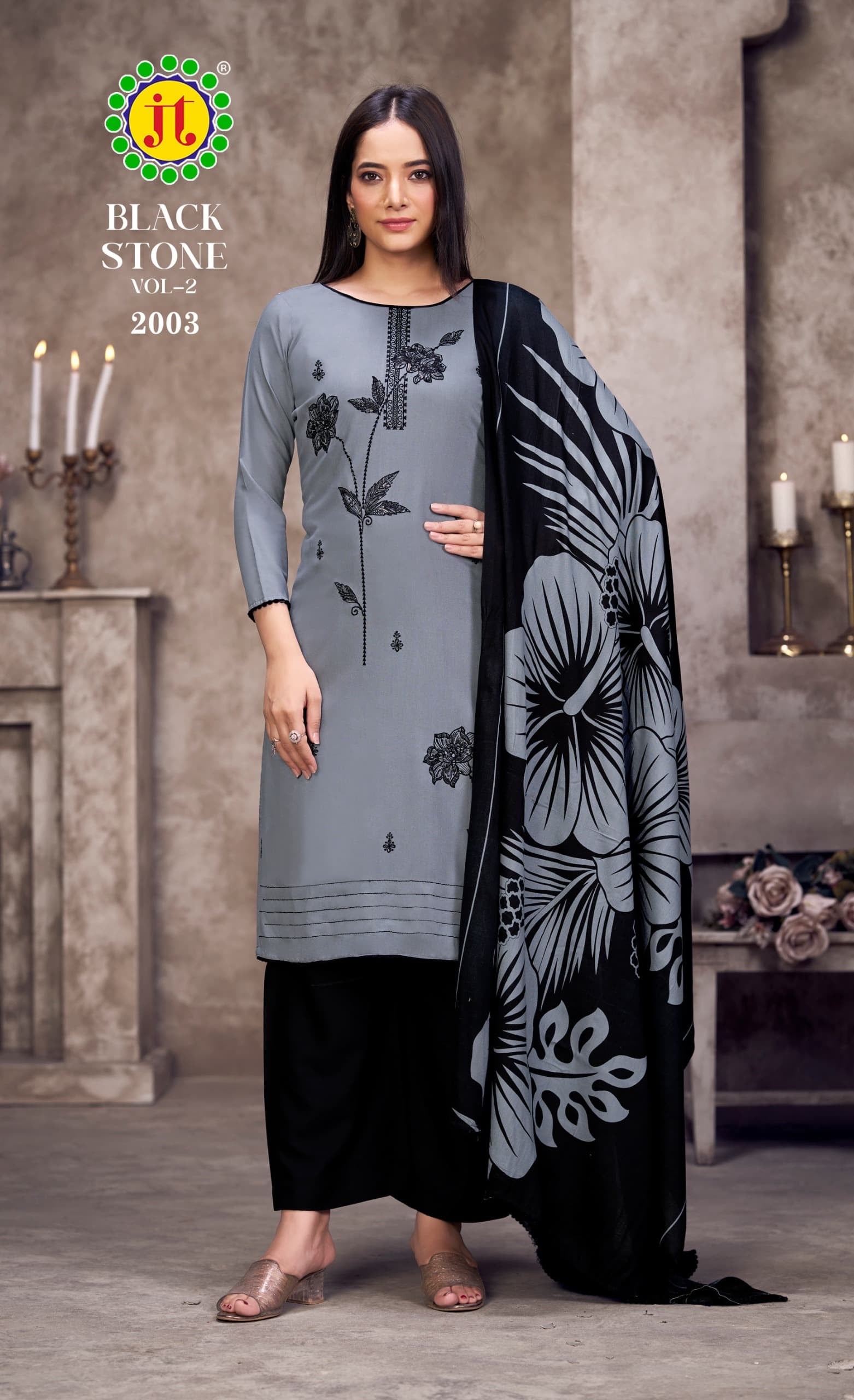 JT textile black stone vol 2 rayon embroidery work salwar suits supplier - jilaniwholesalesuit