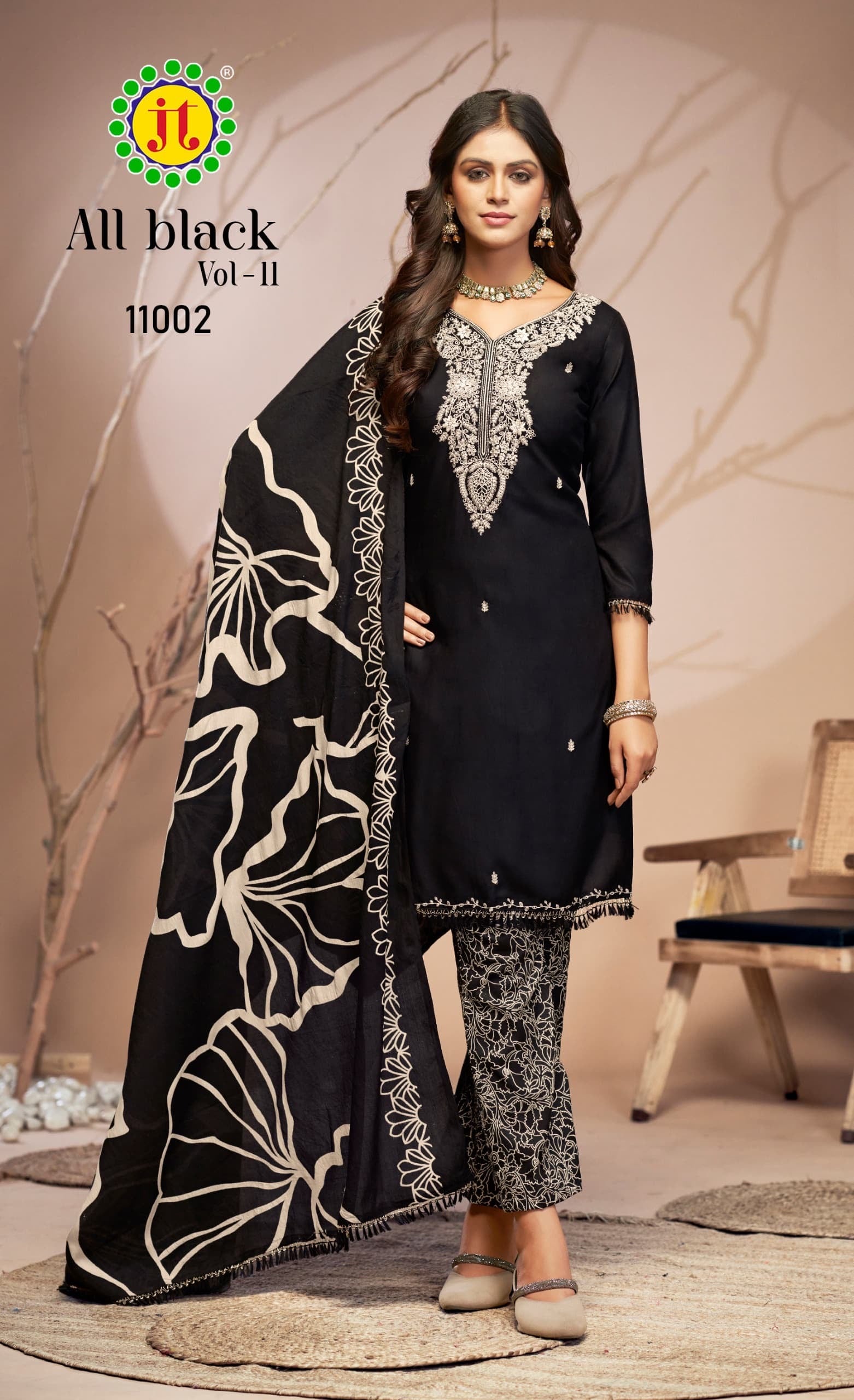 Jt textile all black vol 11 rayon embroidery work dress material supplier in jetpur - jilaniwholesalesuit