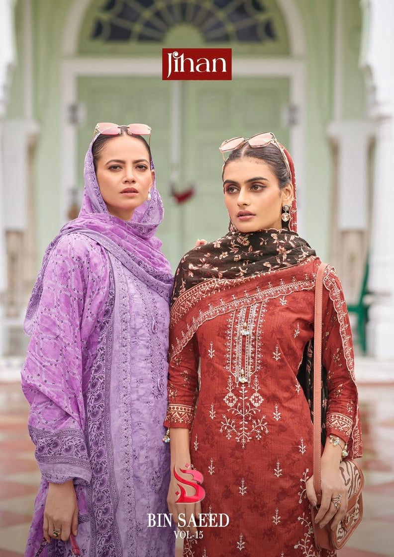 Jihan bin Saeed vol 15 lawn cotton unstitched dress material - jilaniwholesalesuit